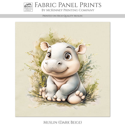 Hippopotamus - Baby Fabric Panels, Hippo, Jungle, Animal, Nursery Décor, Quilt Block, Wall Art, Cotton, Quilting