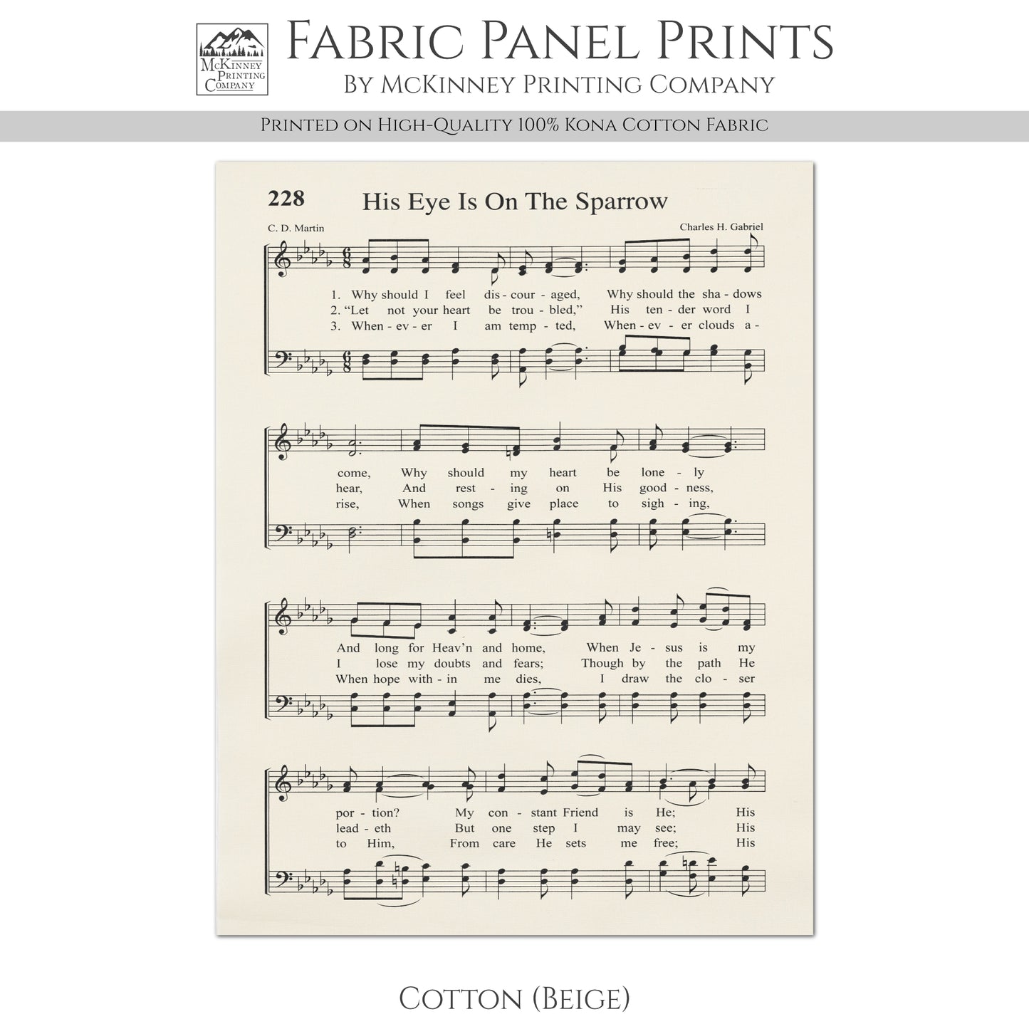 His Eye Is On The Sparrow - Religious Fabric, Christian, Hymn Wall Art, Vintage Sheet Music, Quilting, Quilt, Sewing, Cotton, Canvas