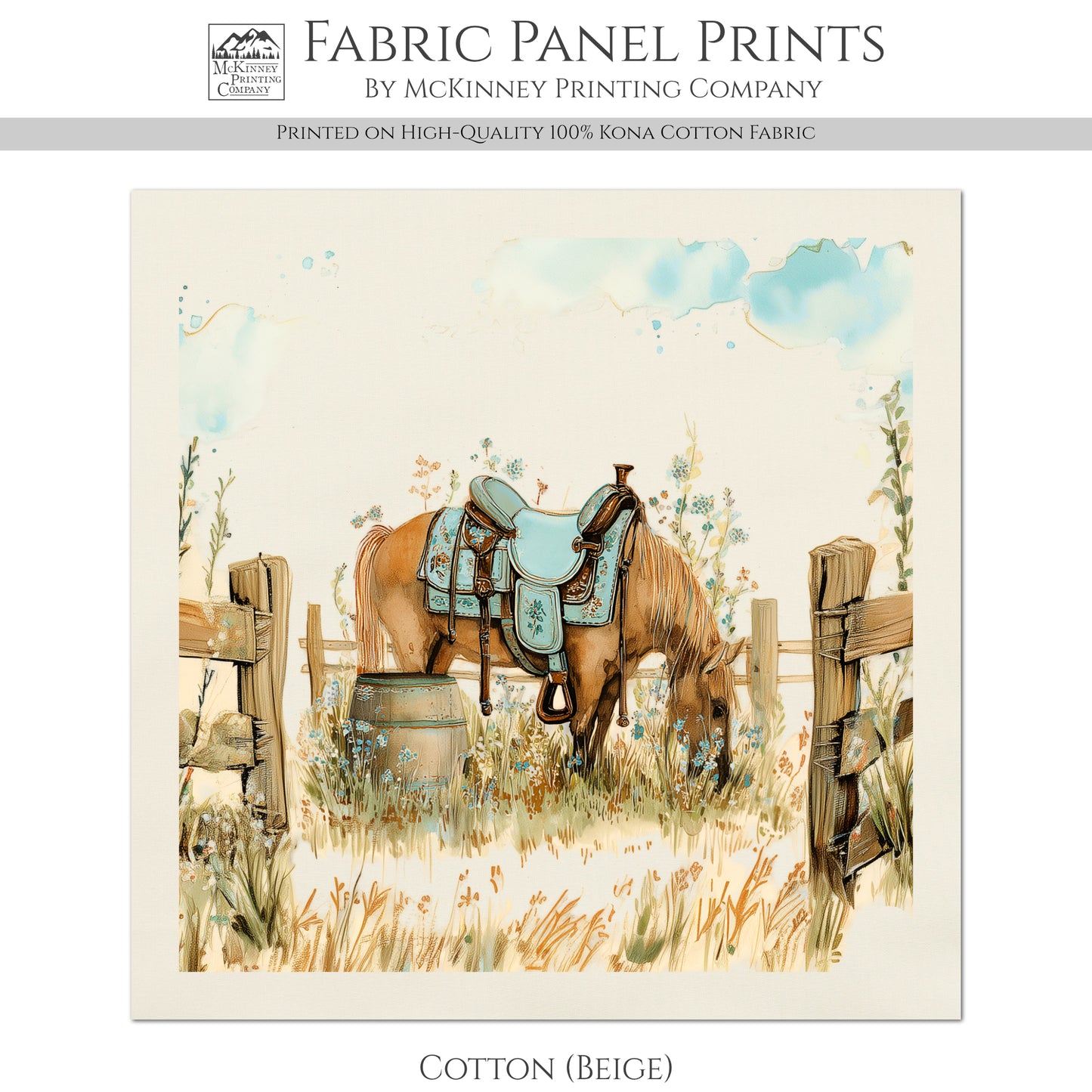 Horse Fabric - Western, Cowgirl, Saddle, Floral, Farm, Turquoise, Rodeo, Ranch, Wall Art, Crafts, Quilt, Block Print, Quilting, Sewing