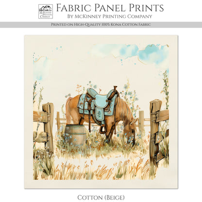 Horse Fabric - Western, Cowgirl, Saddle, Floral, Farm, Turquoise, Rodeo, Ranch, Wall Art, Crafts, Quilt, Block Print, Quilting, Sewing