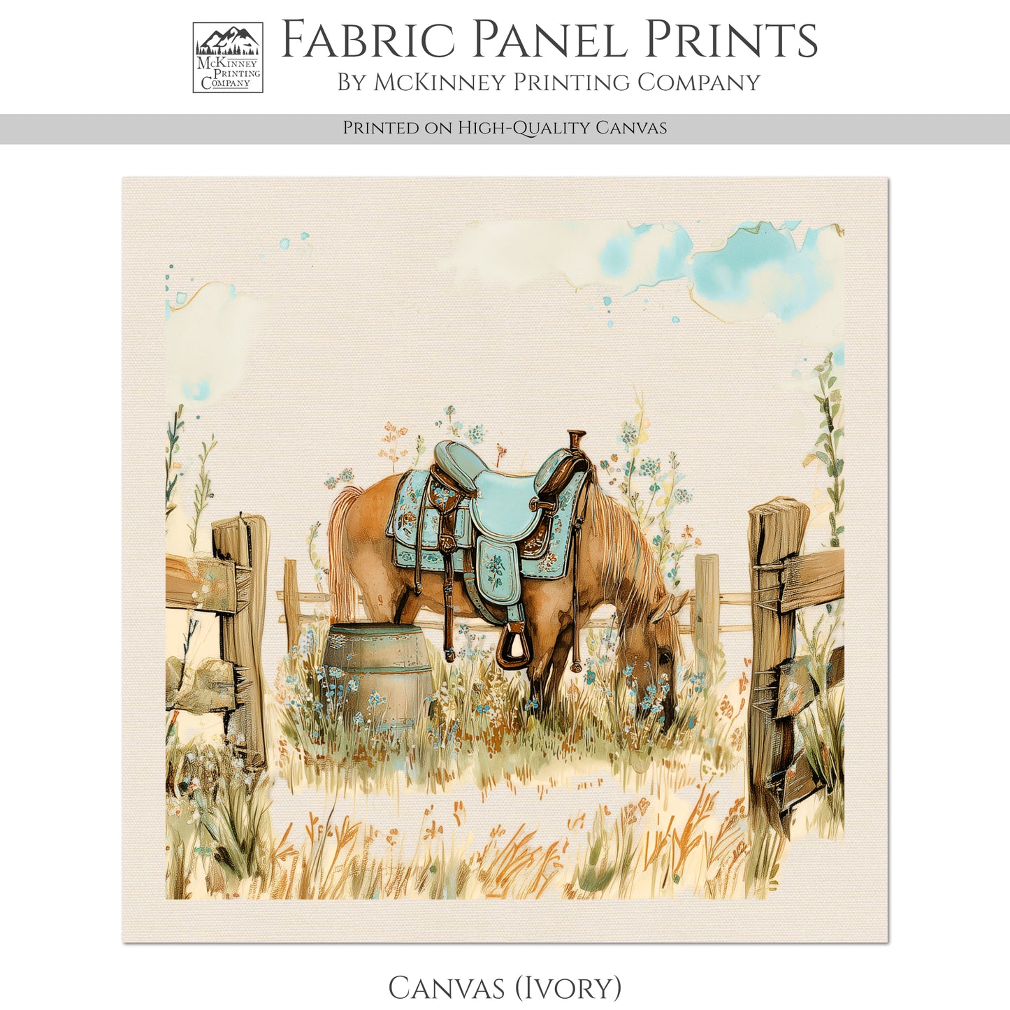 Horse Fabric - Western, Cowgirl, Saddle, Floral, Farm, Turquoise, Rodeo, Ranch, Wall Art, Crafts, Quilt, Block Print, Quilting, Sewing