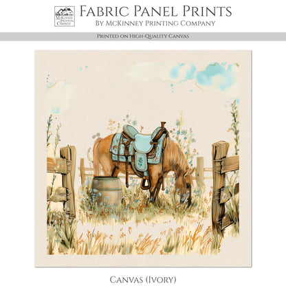 Horse Fabric - Western, Cowgirl, Saddle, Floral, Farm, Turquoise, Rodeo, Ranch, Wall Art, Crafts, Quilt, Block Print, Quilting, Sewing