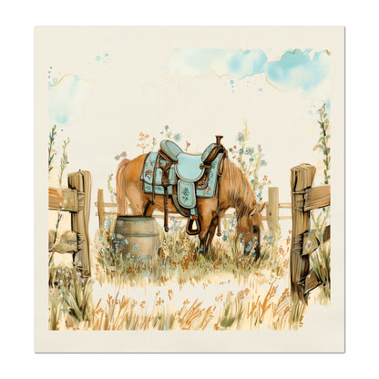 Horse Fabric - Western, Cowgirl, Saddle, Floral, Farm, Turquoise, Rodeo, Ranch, Wall Art, Crafts, Quilt, Block Print, Quilting, Sewing