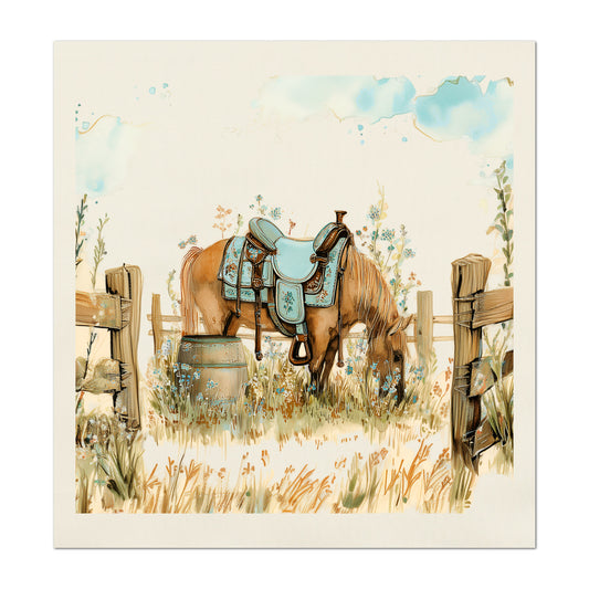 Horse Fabric - Western, Cowgirl, Saddle, Floral, Farm, Turquoise, Rodeo, Ranch, Wall Art, Crafts, Quilt, Block Print, Quilting, Sewing