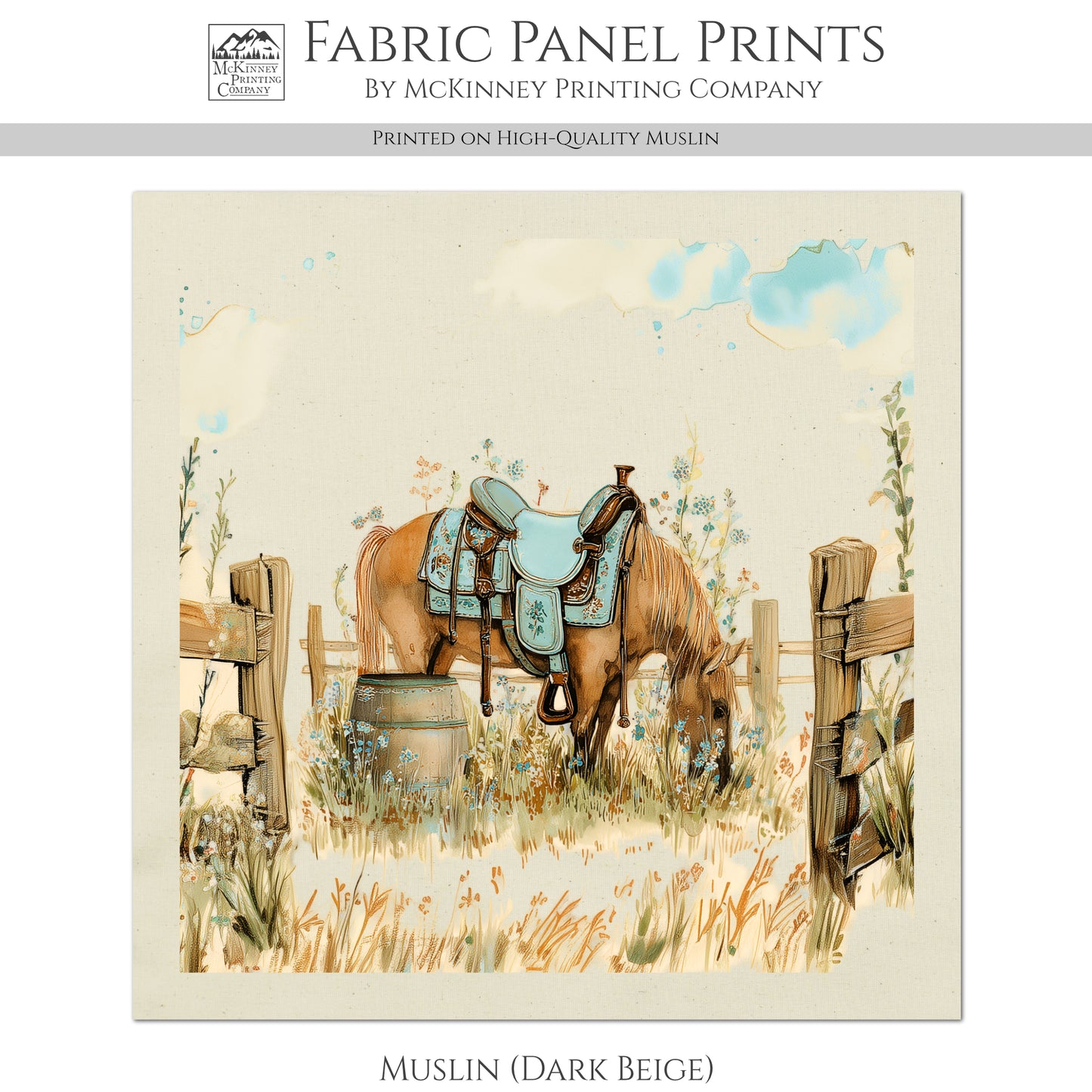 Horse Fabric - Western, Cowgirl, Saddle, Floral, Farm, Turquoise, Rodeo, Ranch, Wall Art, Crafts, Quilt, Block Print, Quilting, Sewing