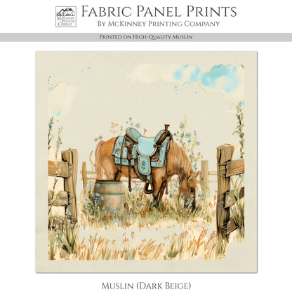 Horse Fabric - Western, Cowgirl, Saddle, Floral, Farm, Turquoise, Rodeo, Ranch, Wall Art, Crafts, Quilt, Block Print, Quilting, Sewing