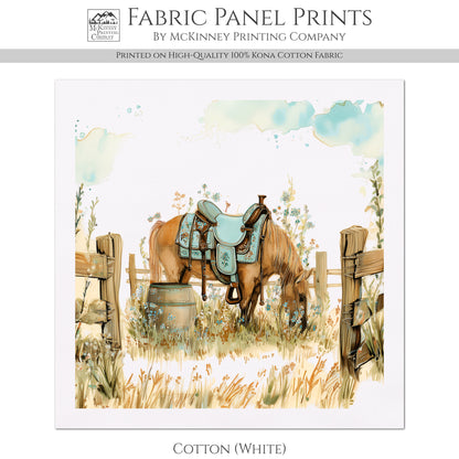 Horse Fabric - Western, Cowgirl, Saddle, Floral, Farm, Turquoise, Rodeo, Ranch, Wall Art, Crafts, Quilt, Block Print, Quilting, Sewing
