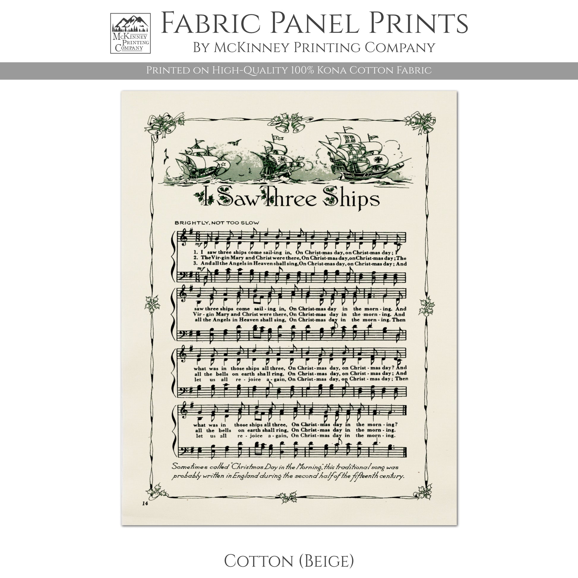 I Saw Three Ships, Antique Sheet Music, Fabric Panel Print, Christmas, DIY Sewing Project, Quilt Block, Craft - Kona Cotton Fabric