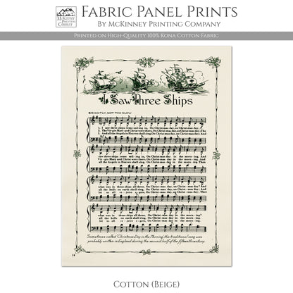 I Saw Three Ships, Antique Sheet Music, Fabric Panel Print, Christmas, DIY Sewing Project, Quilt Block, Craft - Kona Cotton Fabric