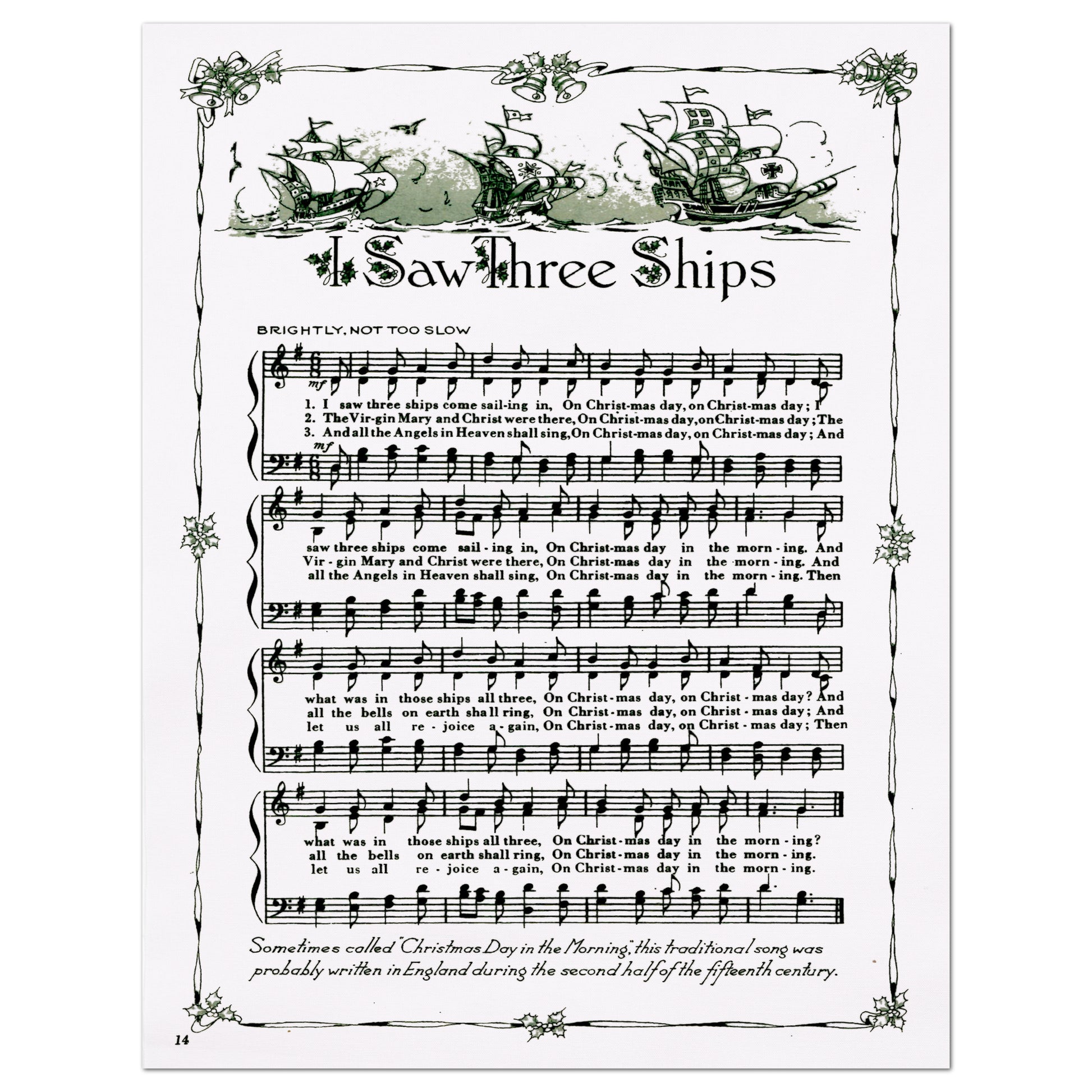 I Saw Three Ships, Antique Sheet Music, Fabric Panel Print, Christmas, DIY Sewing Project, Quilt Block, Craft