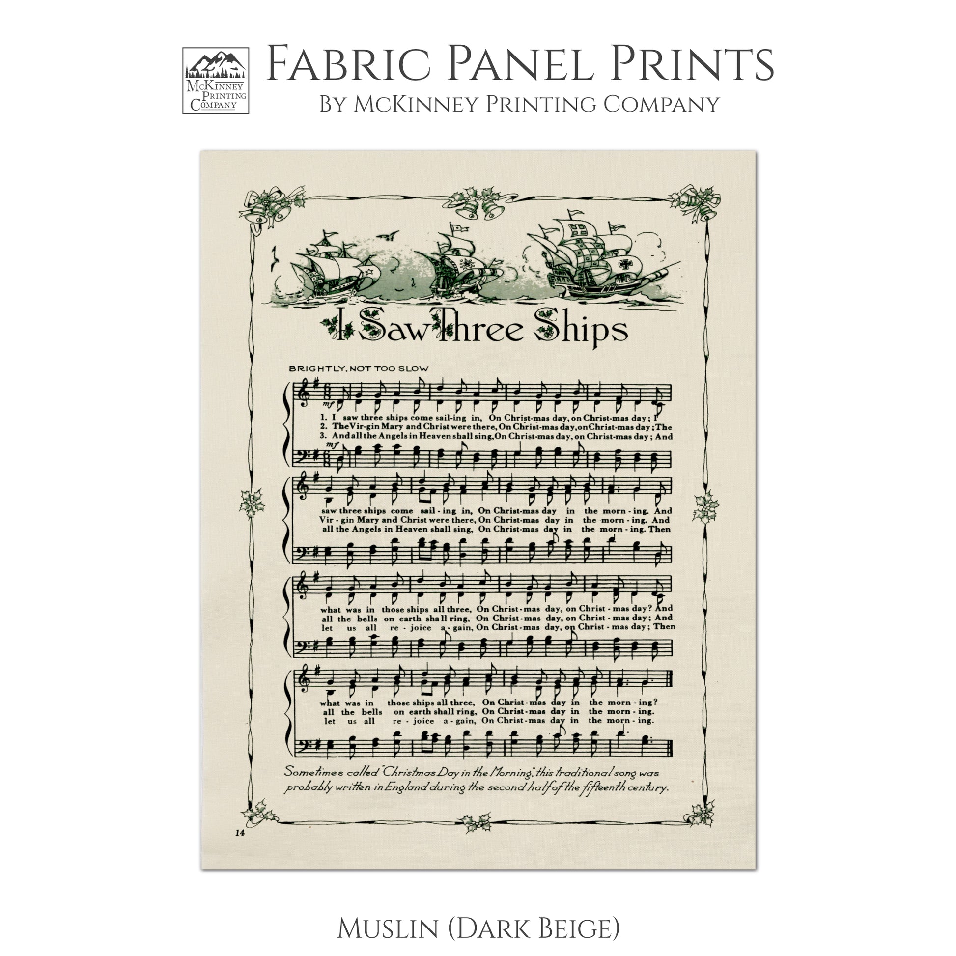 I Saw Three Ships, Antique Sheet Music, Fabric Panel Print, Christmas, DIY Sewing Project, Quilt Block, Craft - Muslin