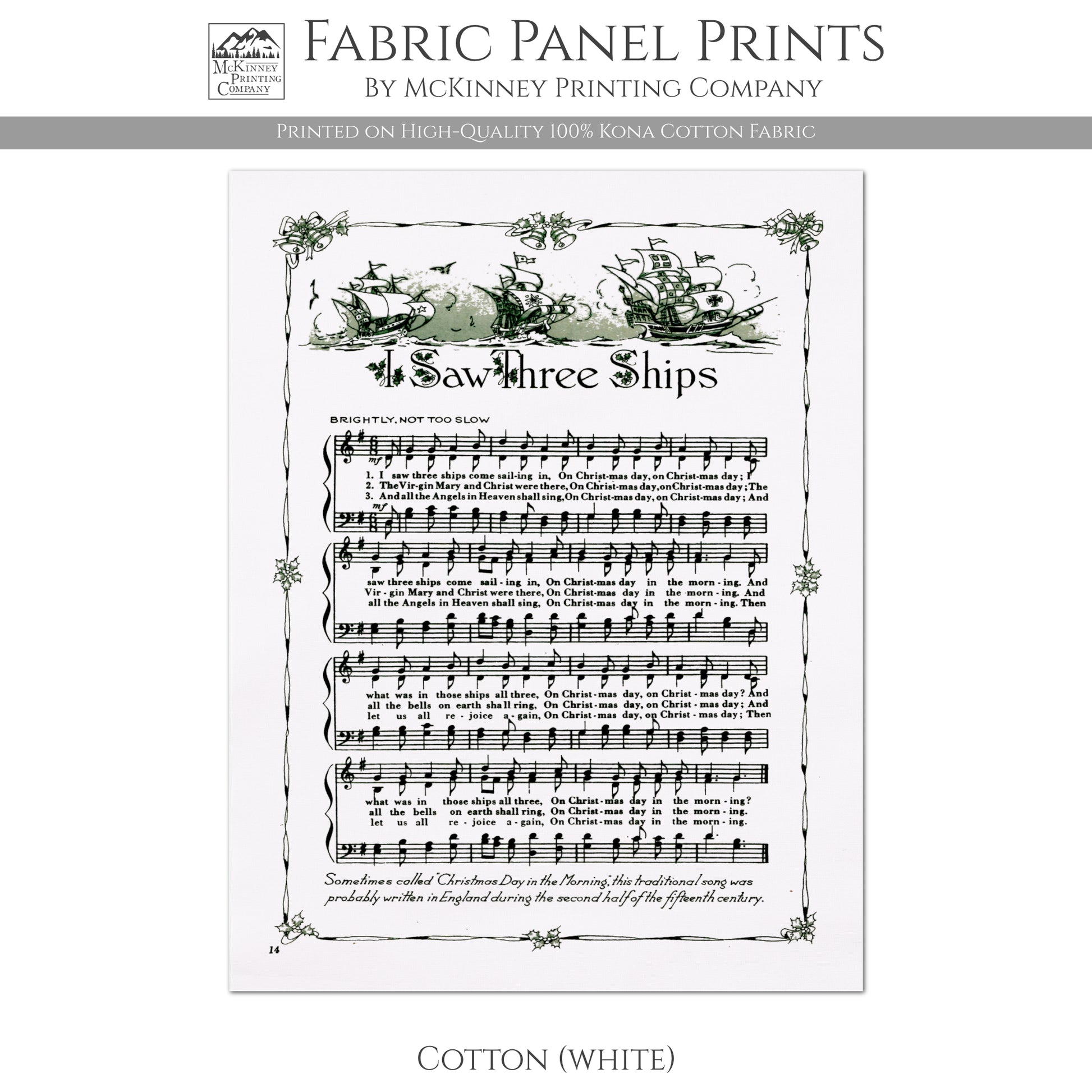 I Saw Three Ships, Antique Sheet Music, Fabric Panel Print, Christmas, DIY Sewing Project, Quilt Block, Craft - Kona Cotton Fabric, White