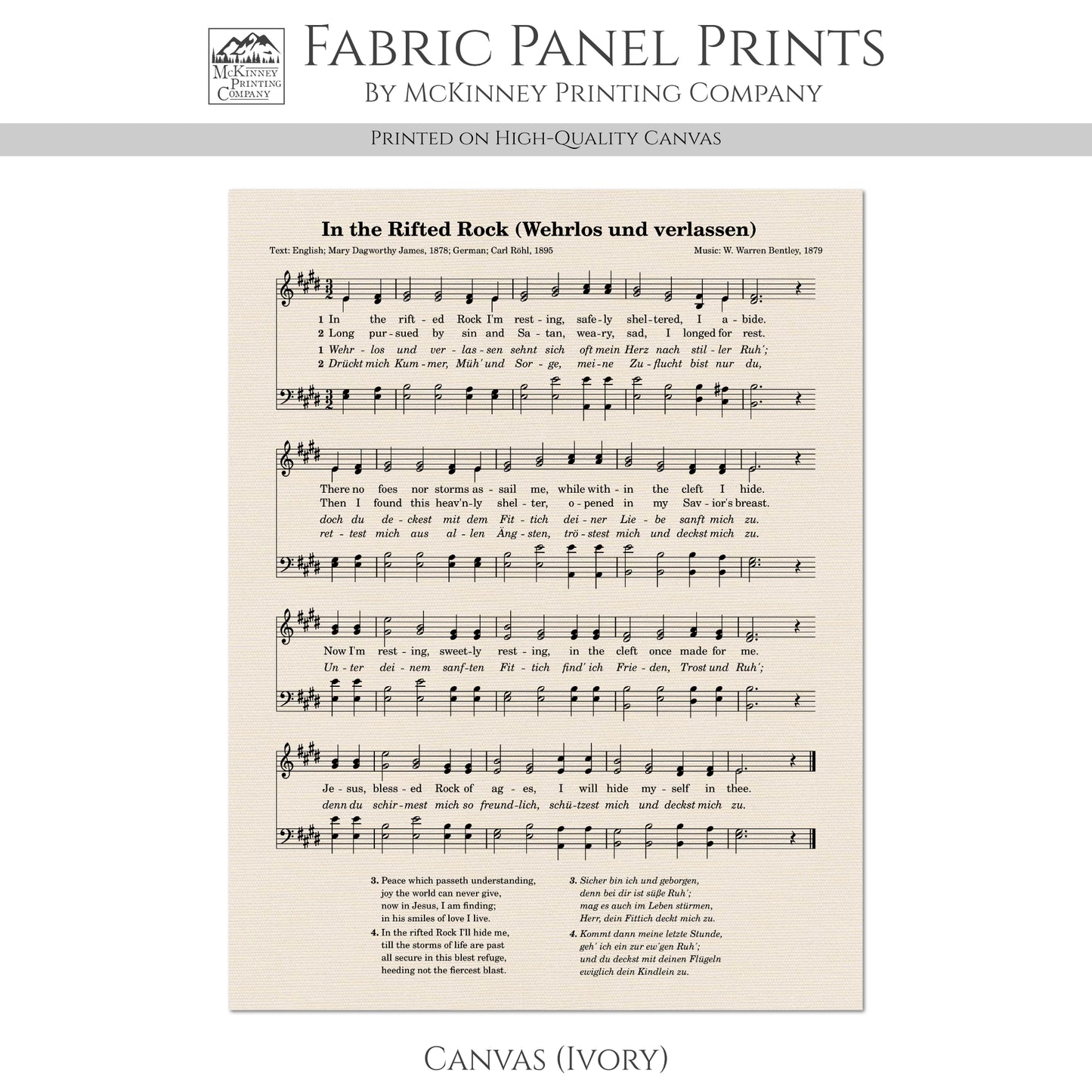 Hymn Wall Art - In The Rifted Rock, Wehrlos und verlassen, Christian Fabric, Antique Sheet Music, Quilting
