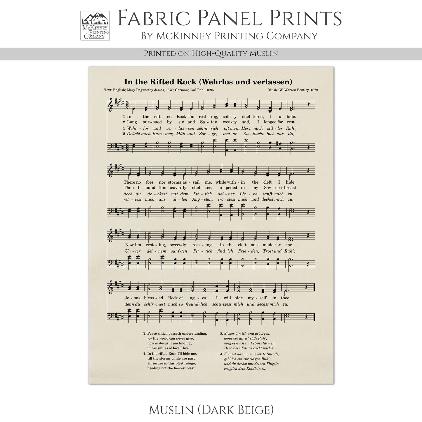 Hymn Wall Art - In The Rifted Rock, Wehrlos und verlassen, Christian Fabric, Antique Sheet Music, Quilting