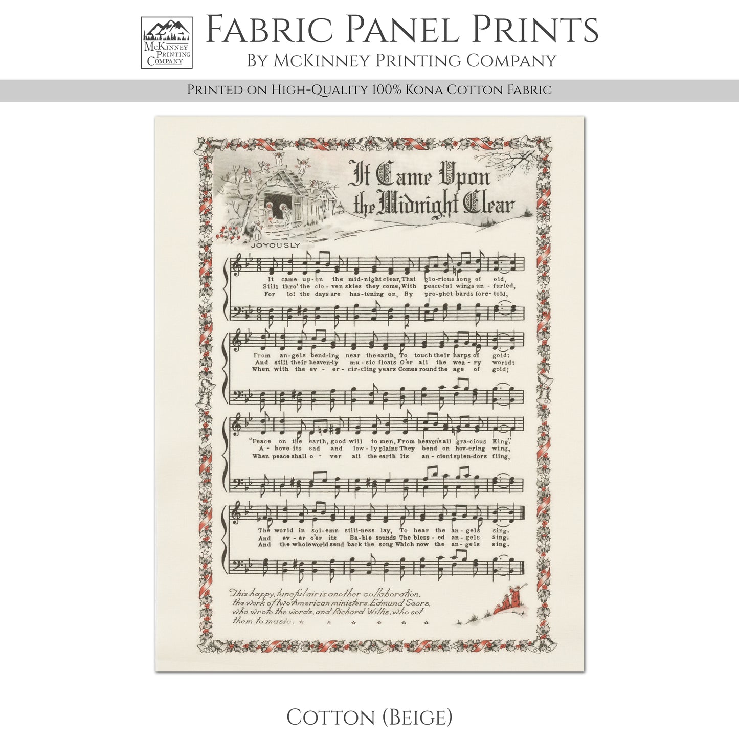 It Came Upon The Midnight Clear - Christmas Fabric Panel, Hymn Wall Art, Sheet Music, Lyrics, Quilting, Quilt, Wall Art, Cotton, Canvas