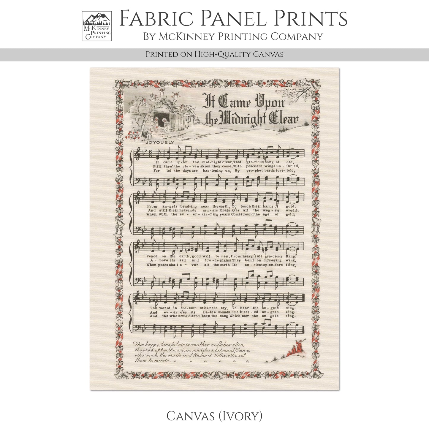 It Came Upon The Midnight Clear - Christmas Fabric Panel, Hymn Wall Art, Sheet Music, Lyrics, Quilting, Quilt, Wall Art, Cotton, Canvas
