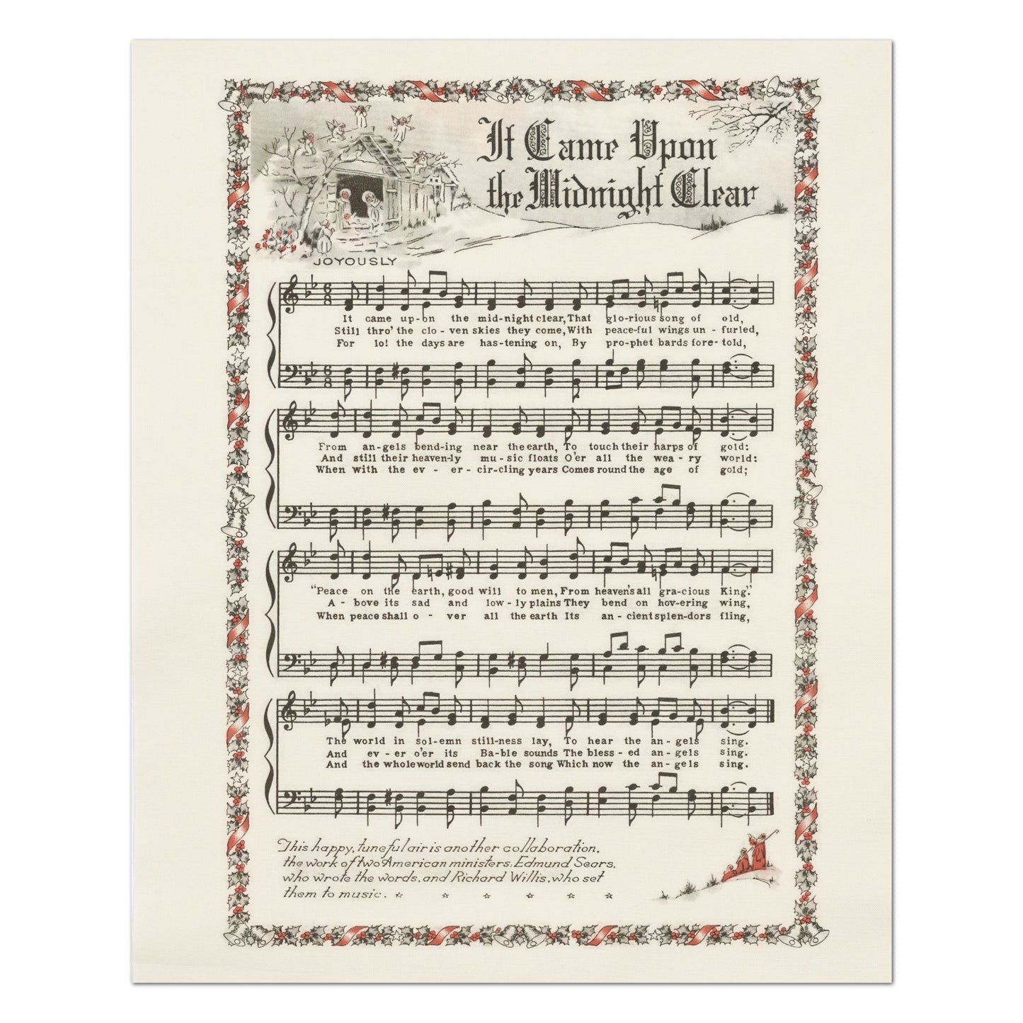 It Came Upon The Midnight Clear - Christmas Fabric Panel, Hymn Wall Art, Sheet Music, Lyrics, Quilting, Quilt, Wall Art, Cotton, Canvas
