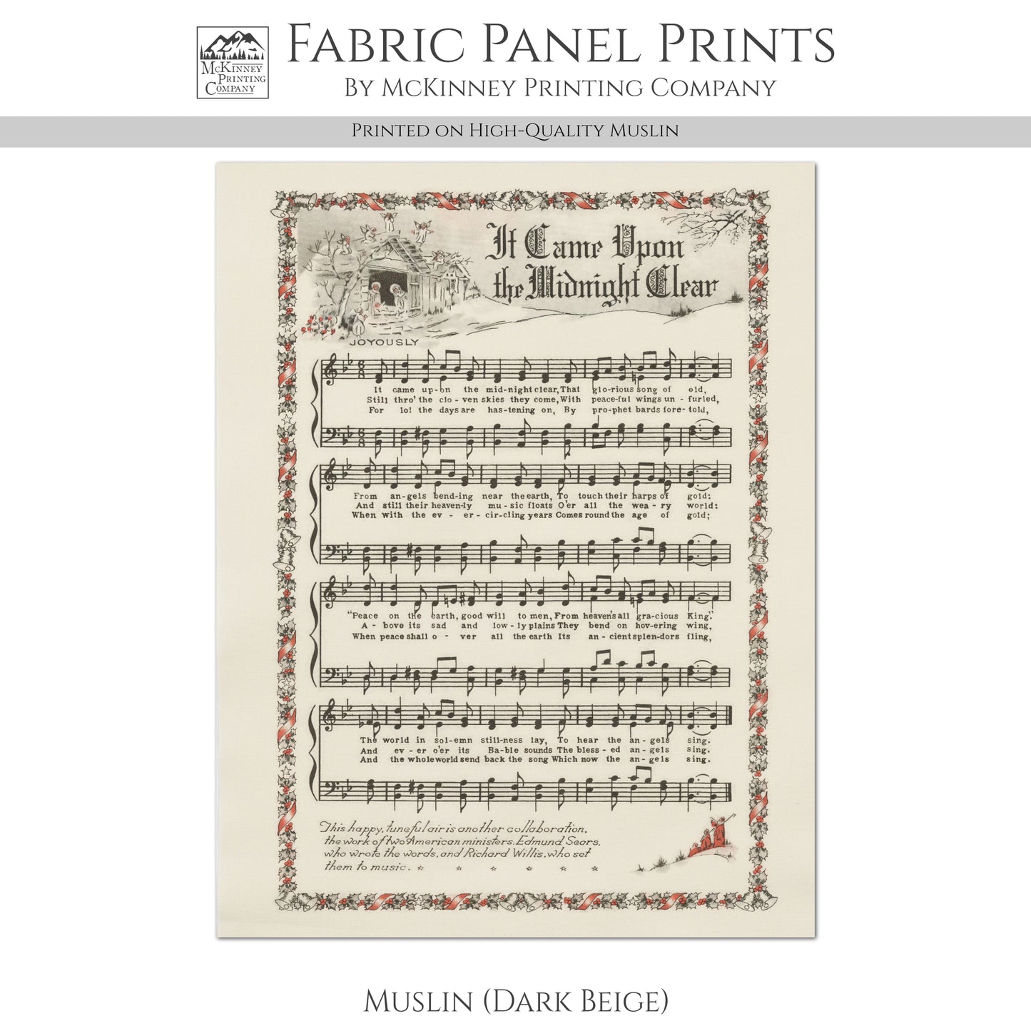 It Came Upon The Midnight Clear - Christmas Fabric Panel, Hymn Wall Art, Sheet Music, Lyrics, Quilting, Quilt, Wall Art, Cotton, Canvas