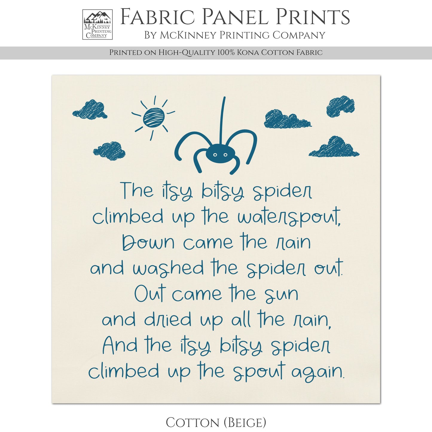 Itsy Bitsy Spider - Baby Fabric Panels, Nursery Rhyme, Wall Art, Decor, Cotton, Quilt Block, Baby Blanket, Infant, Sewing, Quilting