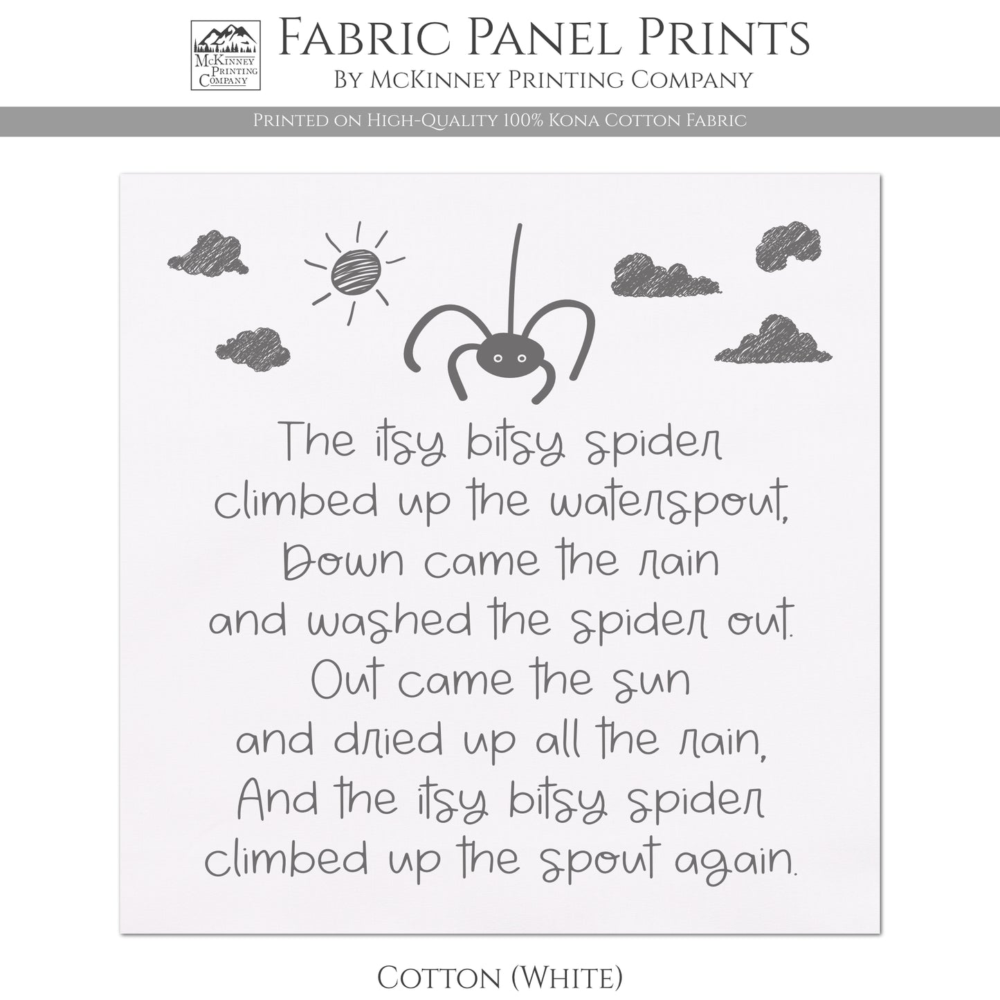 Itsy Bitsy Spider - Baby Fabric Panels, Nursery Rhyme, Wall Art, Decor, Cotton, Quilt Block, Baby Blanket, Infant, Sewing, Quilting