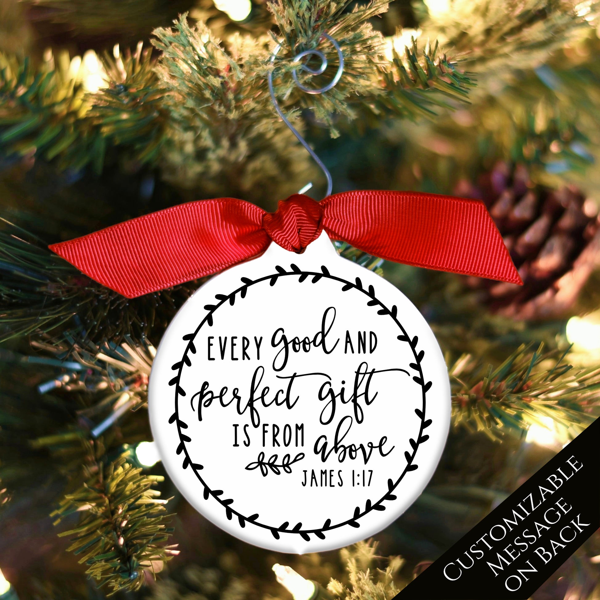 James 1:17, Every Good and Perfect Gift is From Above, Christmas Ornament, Bible Verse, Personalized, Custom, Christian Gift, Tree Decor - Red Ribbon
