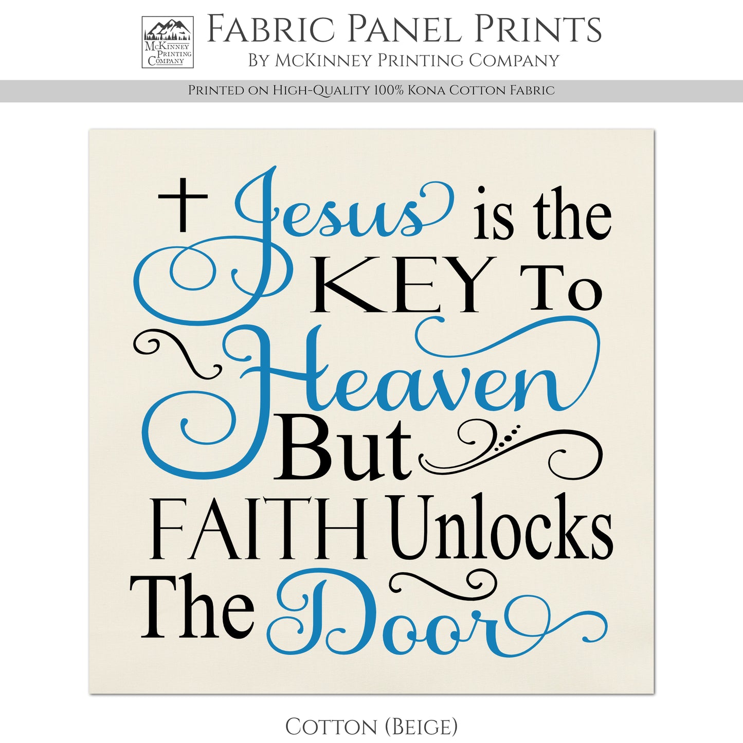 Christian Fabric - Jesus is the Key, Religious, Bible, Large Print Fabric, Panel, Block, Cotton, Quilting, Quilt