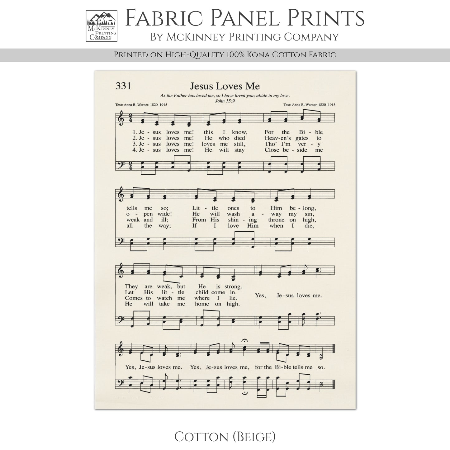 Jesus Loves Me - Christian Fabric, Religious, Hymn Wall Art, Vintage Sheet Music, Choral, Piano, Quilting, Quilt, Cotton, Sewing, Cotton