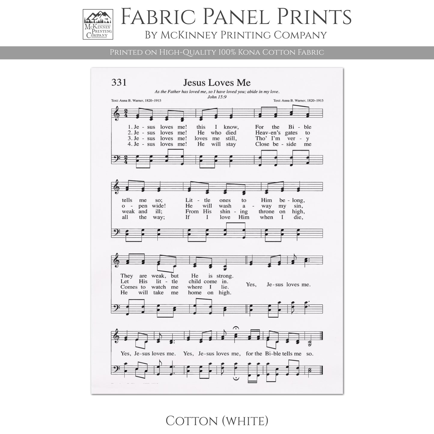 Jesus Loves Me - Christian Fabric, Religious, Hymn Wall Art, Vintage Sheet Music, Choral, Piano, Quilting, Quilt, Cotton, Sewing, Cotton