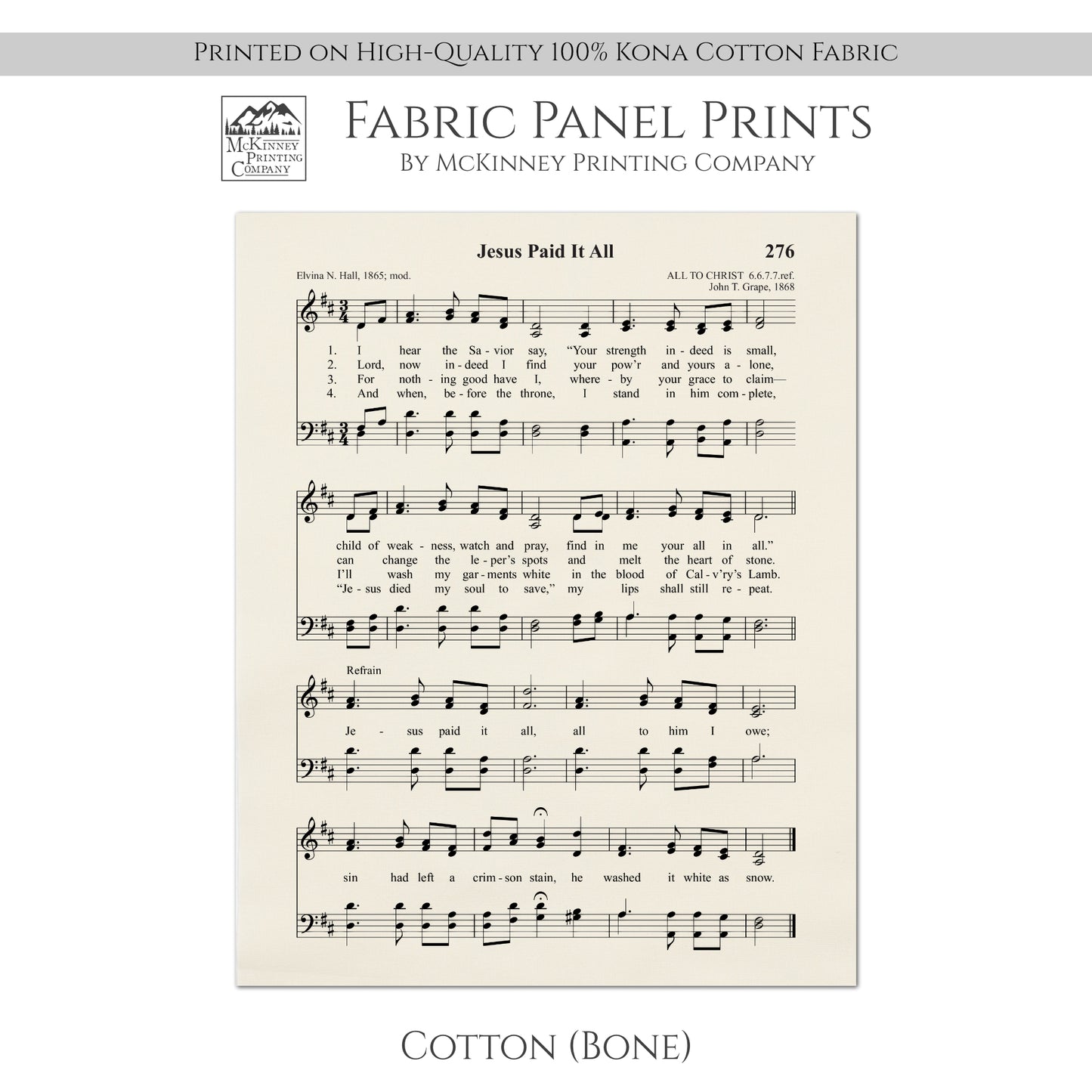 Jesus Paid It All - Christian Fabric, Religious, Hymn Wall Art, Vintage Sheet Music, Choral, Piano, Quilting, Quilt, Cotton, Sewing, Cotton