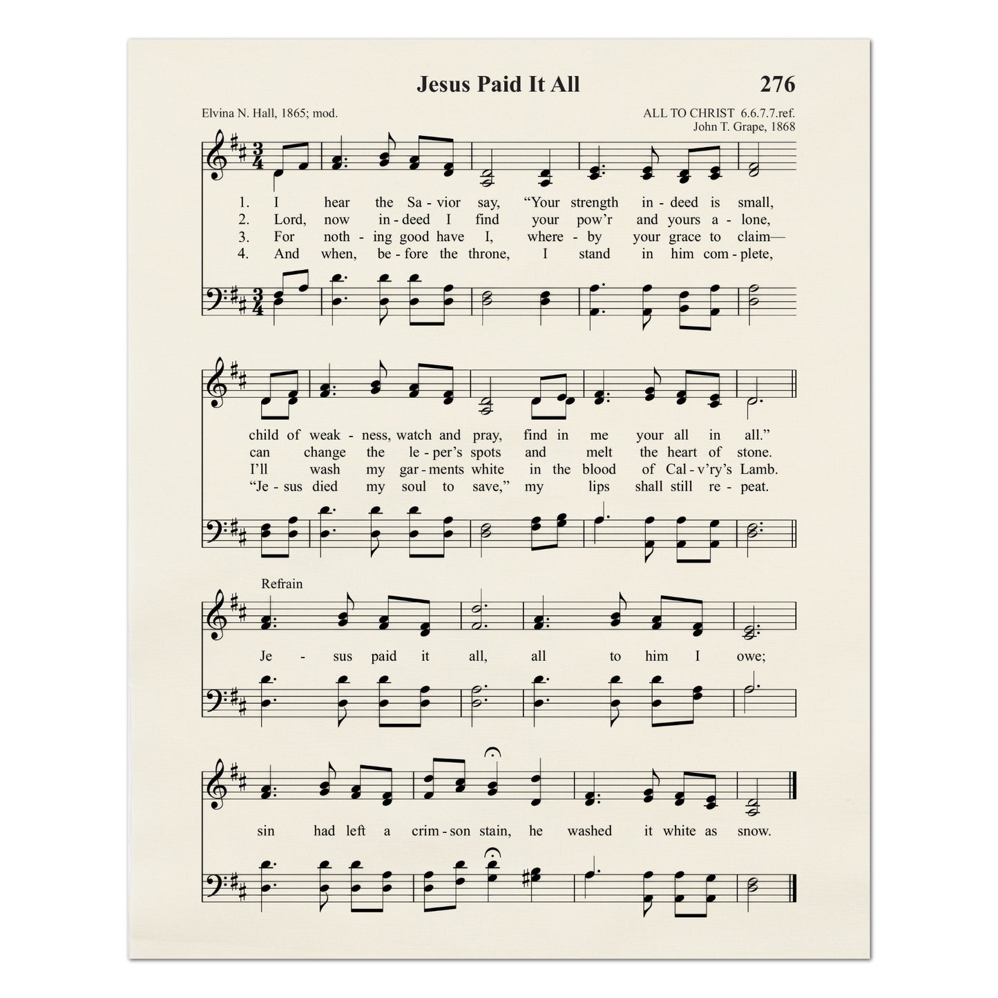 Jesus Paid It All - Christian Fabric, Religious, Hymn Wall Art, Vintage Sheet Music, Choral, Piano, Quilting, Quilt, Cotton, Sewing, Cotton