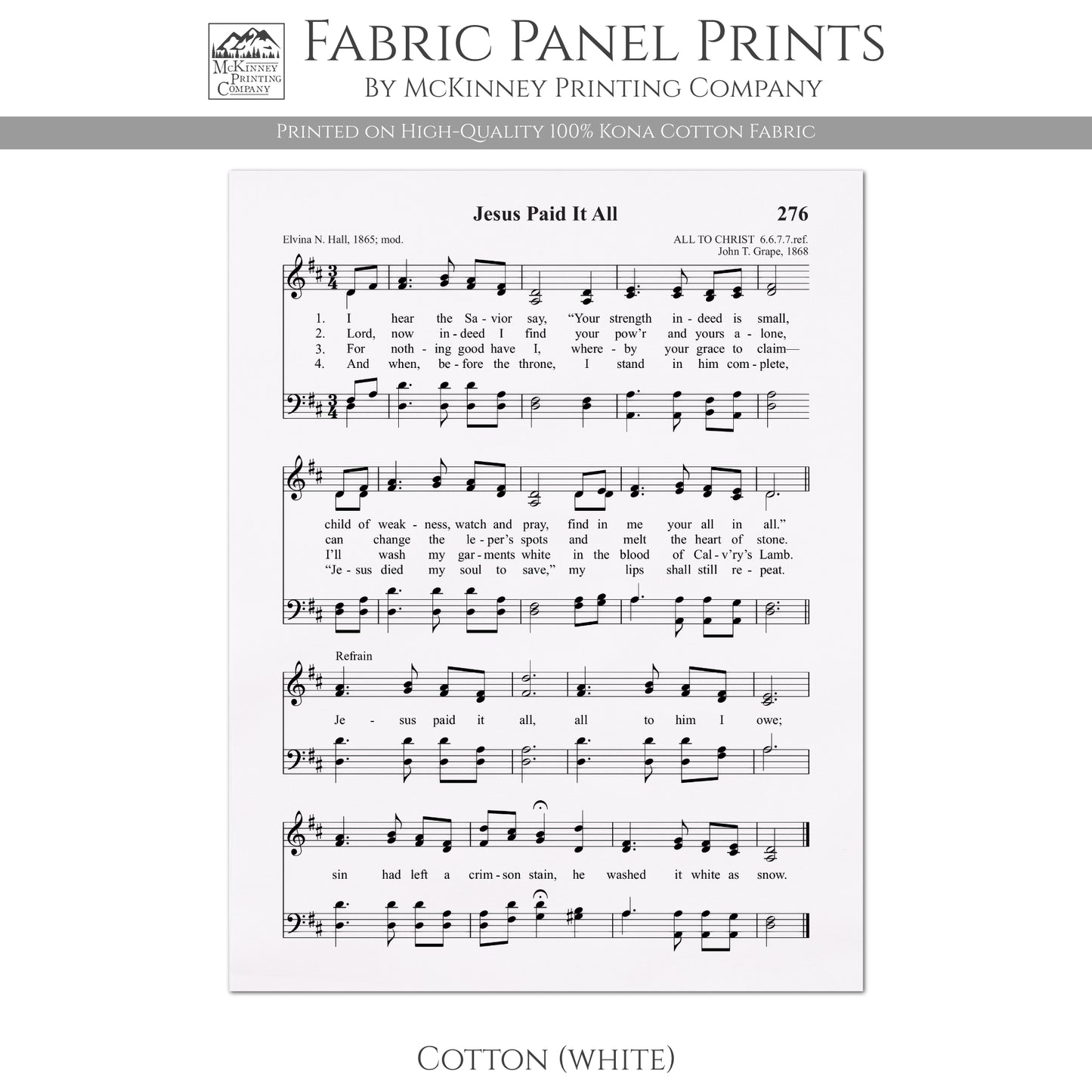 Jesus Paid It All - Christian Fabric, Religious, Hymn Wall Art, Vintage Sheet Music, Choral, Piano, Quilting, Quilt, Cotton, Sewing, Cotton
