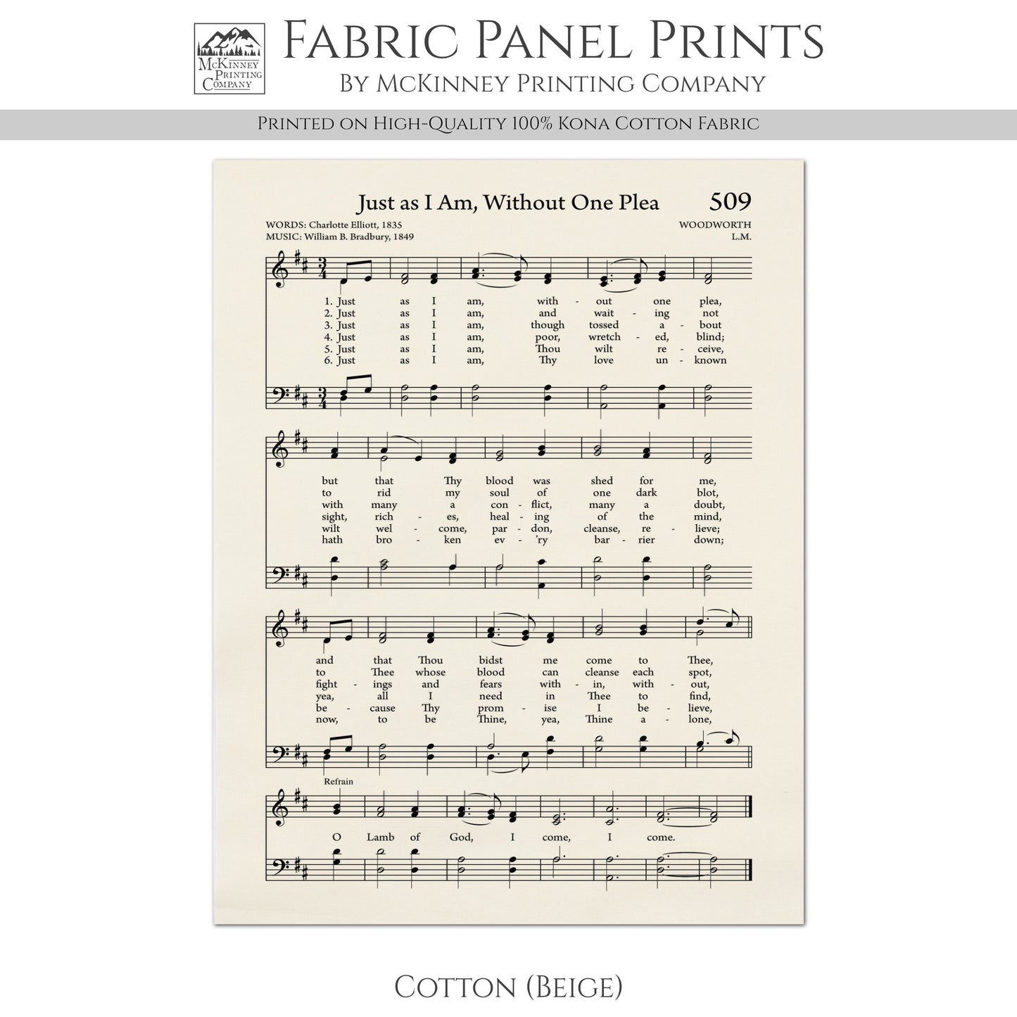 Just As I Am, Without One Plea - Christian Fabric, Religious, Hymn Wall Art, Vintage Sheet Music, Quilting, Quilt, Cotton, Sewing, Cotton