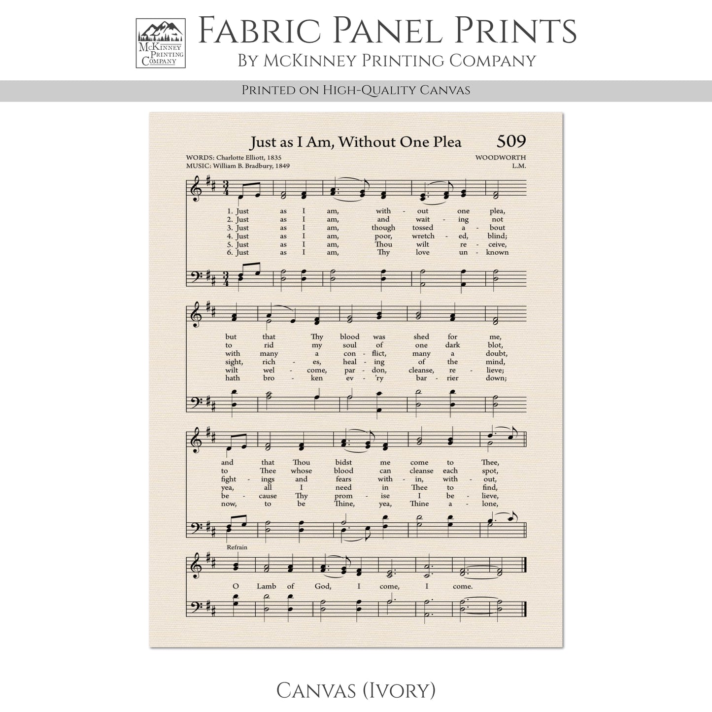 Just As I Am, Without One Plea - Christian Fabric, Religious, Hymn Wall Art, Vintage Sheet Music, Quilting, Quilt, Cotton, Sewing, Cotton