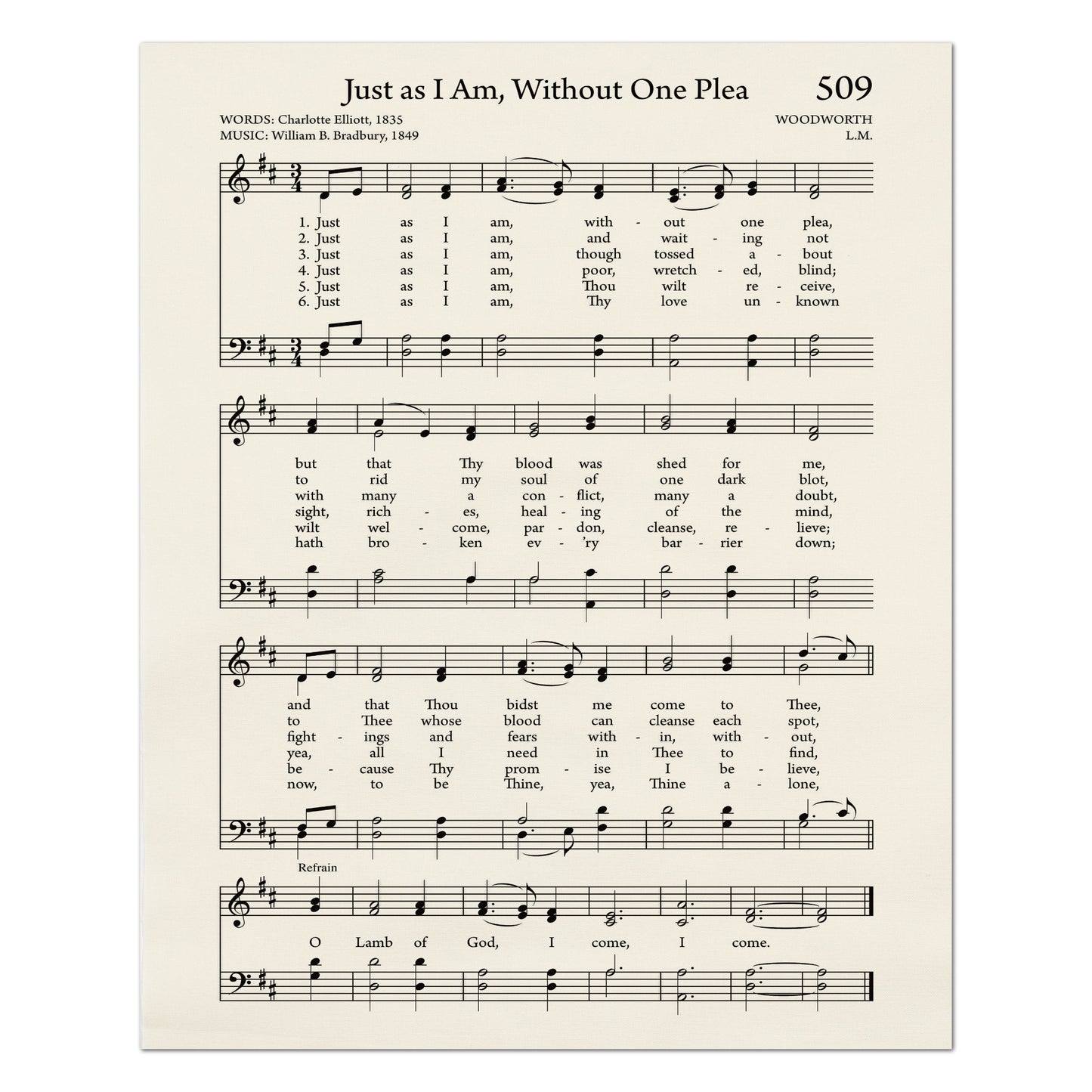 Just As I Am, Without One Plea - Christian Fabric, Religious, Hymn Wall Art, Vintage Sheet Music, Quilting, Quilt, Cotton, Sewing, Cotton