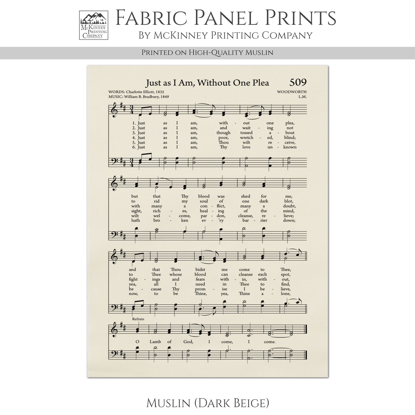 Just As I Am, Without One Plea - Christian Fabric, Religious, Hymn Wall Art, Vintage Sheet Music, Quilting, Quilt, Cotton, Sewing, Cotton