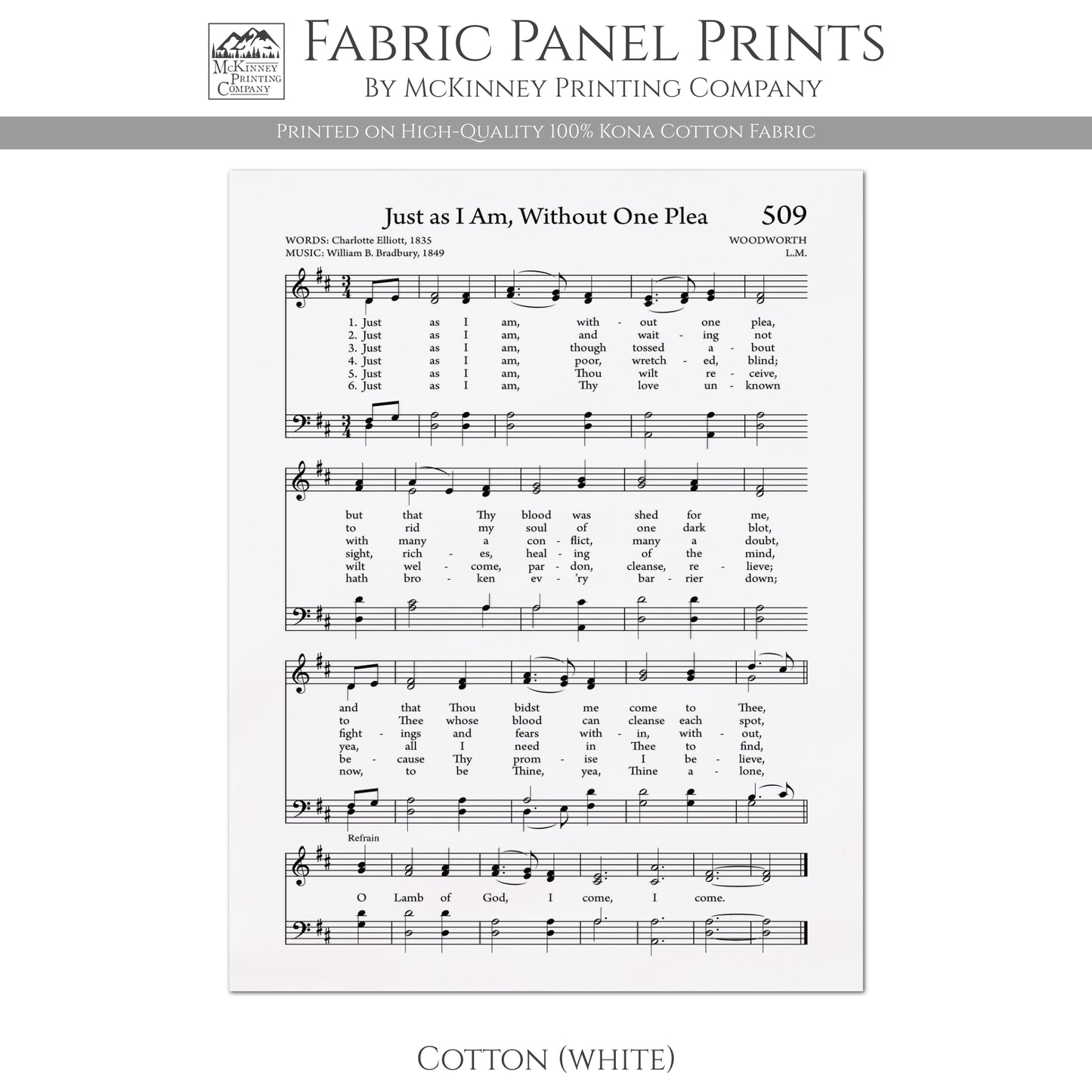 Just As I Am, Without One Plea - Christian Fabric, Religious, Hymn Wall Art, Vintage Sheet Music, Quilting, Quilt, Cotton, Sewing, Cotton
