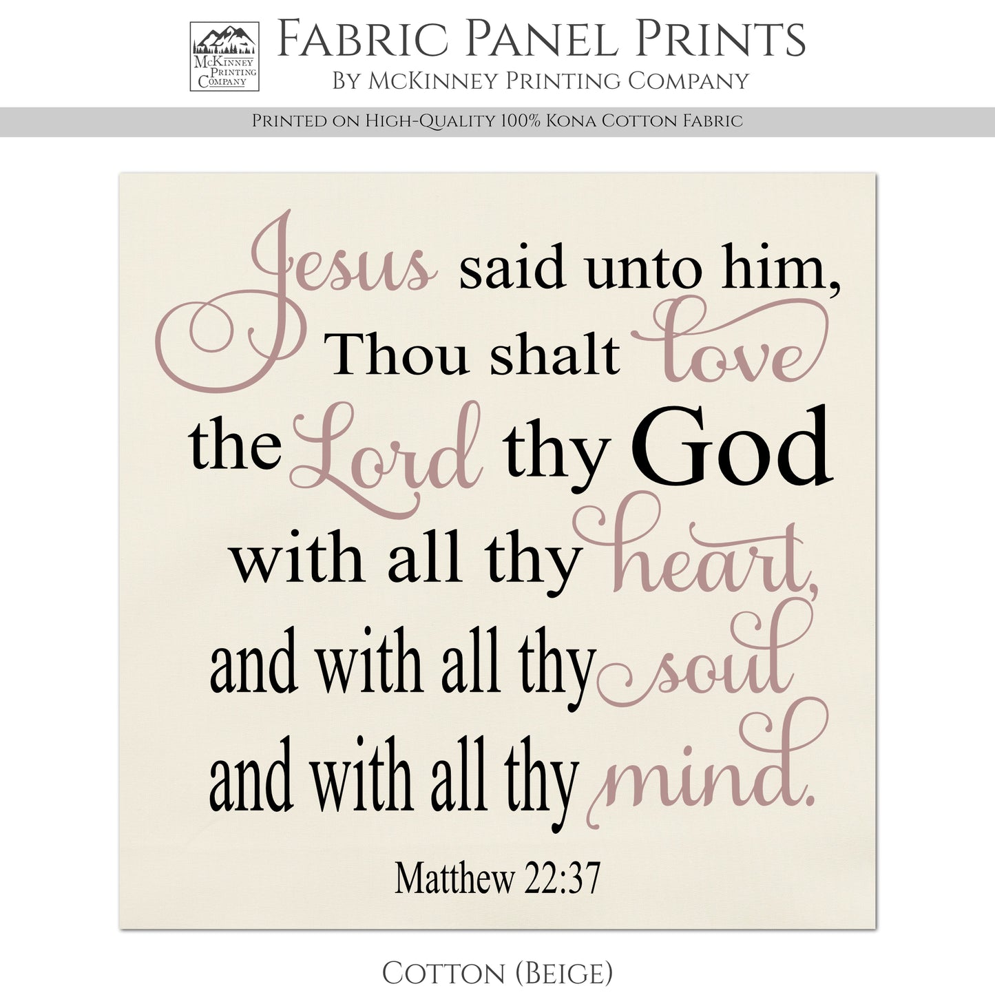 Christian Fabric - Love The Lord, Heart, Soul, Mind, Matthew 22 37, Bible Verse, Large Print Fabric, Panel, Block, Cotton, Quilting, Quilt