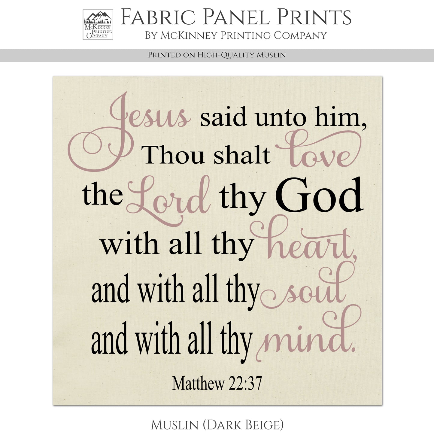 Christian Fabric - Love The Lord, Heart, Soul, Mind, Matthew 22 37, Bible Verse, Large Print Fabric, Panel, Block, Cotton, Quilting, Quilt