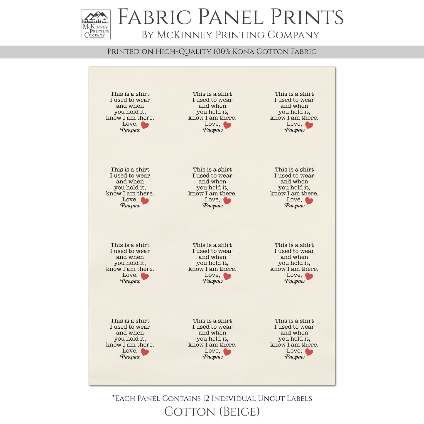 Memory Pillow - Fabric Panel, Keepsake, Memorial, Patch, Shirt, Quilt, Custom, Personalized, Small Tag, Print