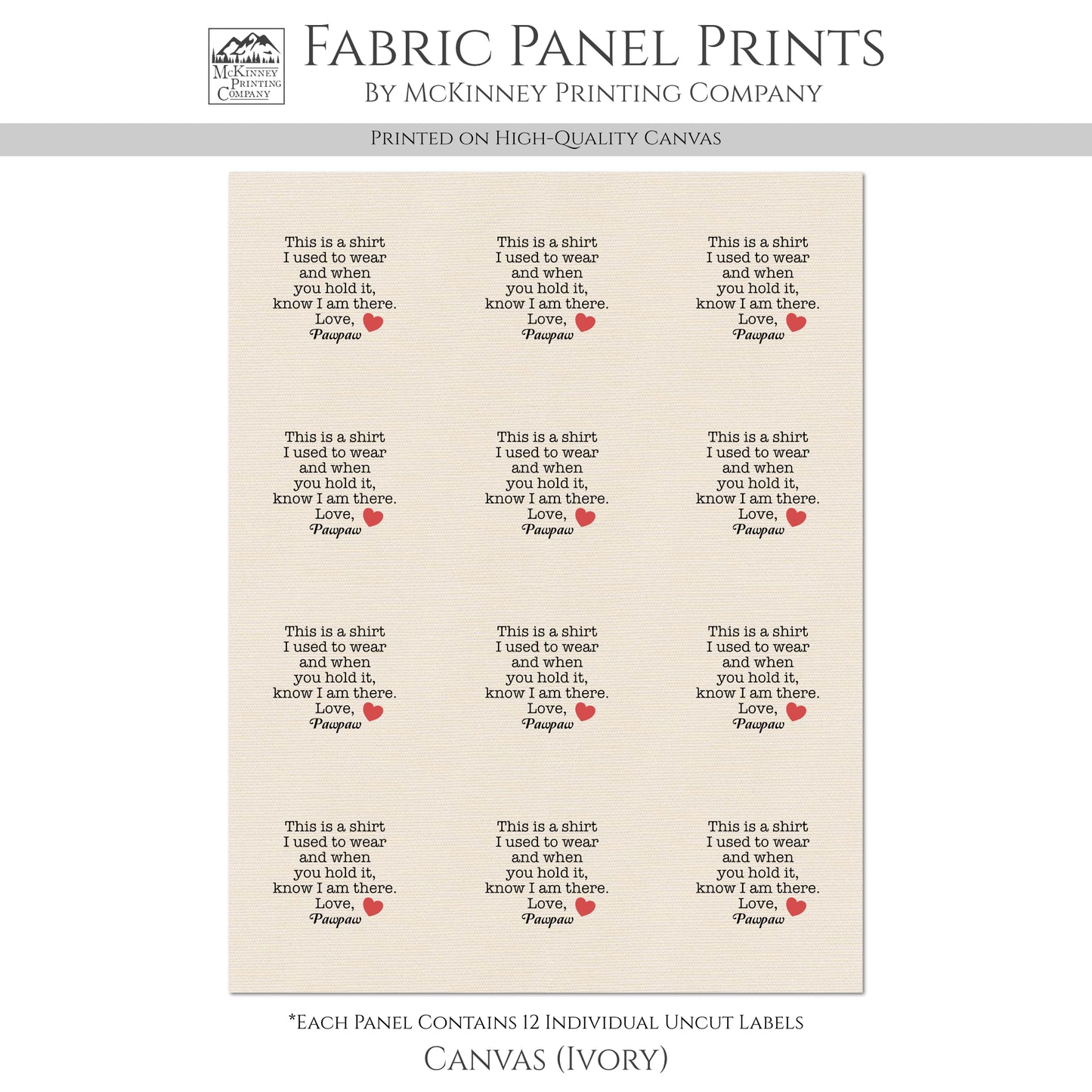 Memory Pillow - Fabric Panel, Keepsake, Memorial, Patch, Shirt, Quilt, Custom, Personalized, Small Tag, Print
