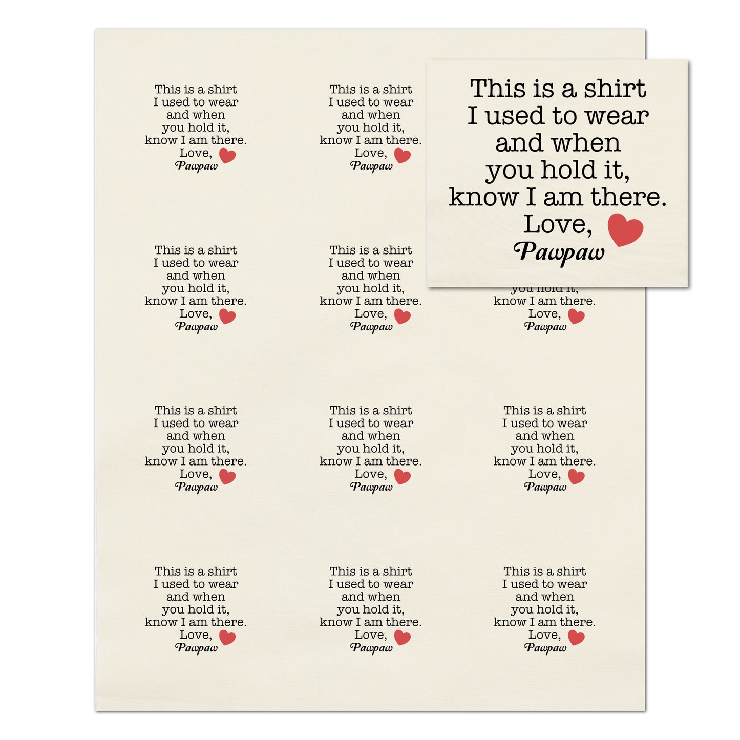 Memory Pillow - Fabric Panel, Keepsake, Memorial, Patch, Shirt, Quilt, Custom, Personalized, Small Tag, Print