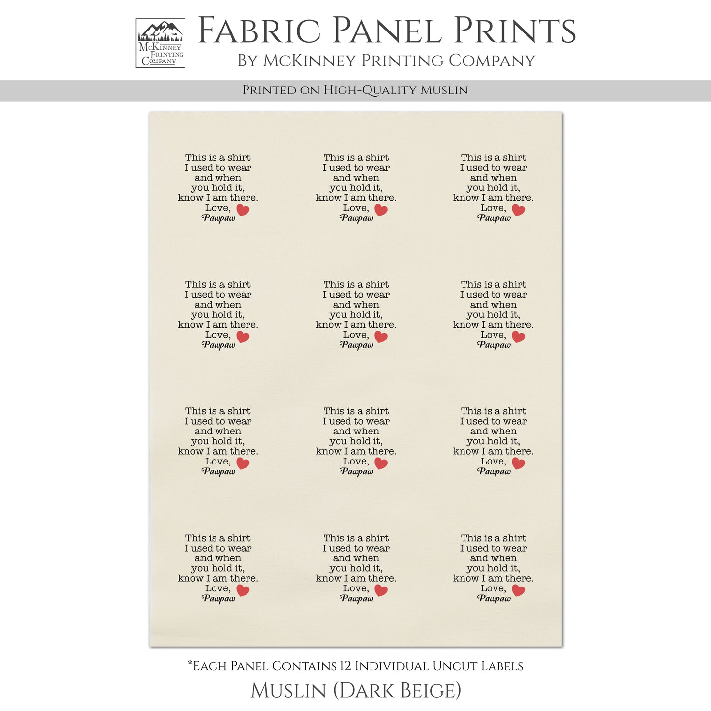 Memory Pillow - Fabric Panel, Keepsake, Memorial, Patch, Shirt, Quilt, Custom, Personalized, Small Tag, Print