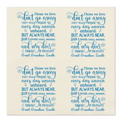 Those we love don't go away, they walk beside us every day unseen, unheard, but always near.  Still loved, still missed, and very dear.  Thinking of you always.  Personalized Name, Memory Pillow, Patch