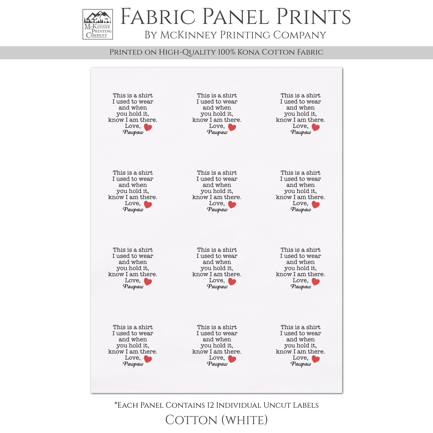 Memory Pillow - Fabric Panel, Keepsake, Memorial, Patch, Shirt, Quilt, Custom, Personalized, Small Tag, Print