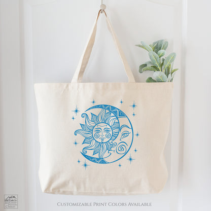 Sun and Moon Print, Canvas Tote Bag with Zipper, Fabric Tote Bag