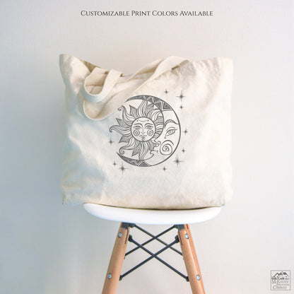 Sun and Moon Print, Canvas Tote Bag with Zipper, Fabric Tote Bag