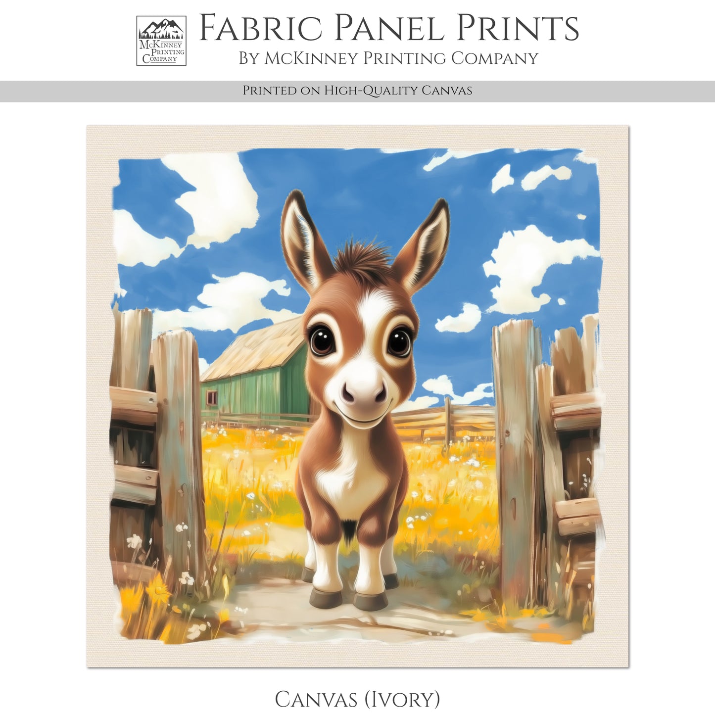 Farm Animal Fabric - Donkey, Mule, Baby Fabric Panels, Cotton, Nursery Décor, Infant, Quilt Block, Wall Art, Quilting, Sewing
