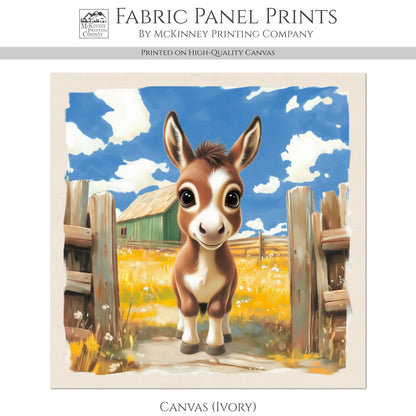 Farm Animal Fabric - Donkey, Mule, Baby Fabric Panels, Cotton, Nursery Décor, Infant, Quilt Block, Wall Art, Quilting, Sewing