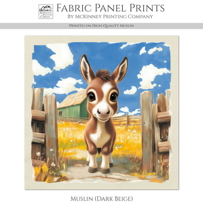 Farm Animal Fabric - Donkey, Mule, Baby Fabric Panels, Cotton, Nursery Décor, Infant, Quilt Block, Wall Art, Quilting, Sewing