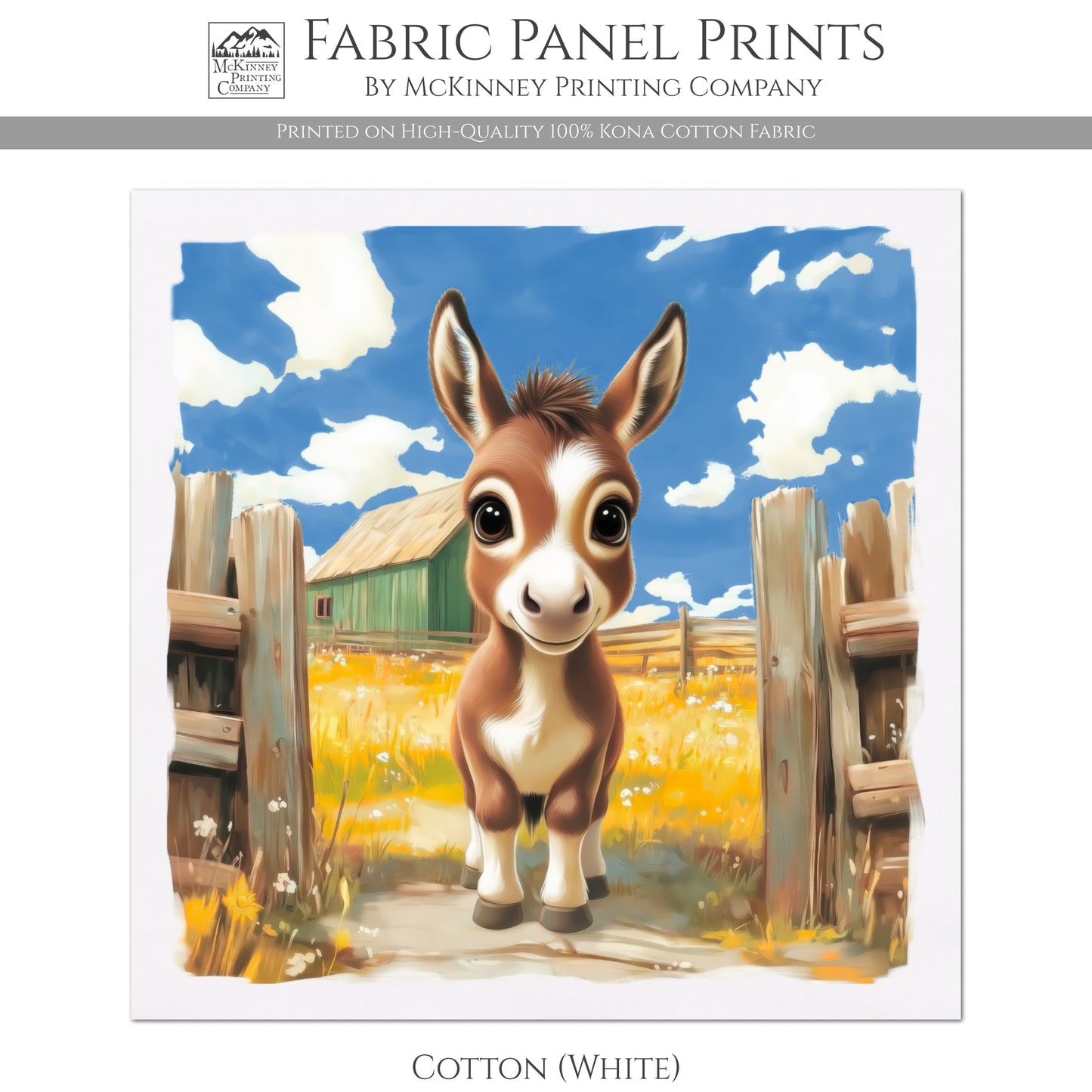 Farm Animal Fabric - Donkey, Mule, Baby Fabric Panels, Cotton, Nursery Décor, Infant, Quilt Block, Wall Art, Quilting, Sewing